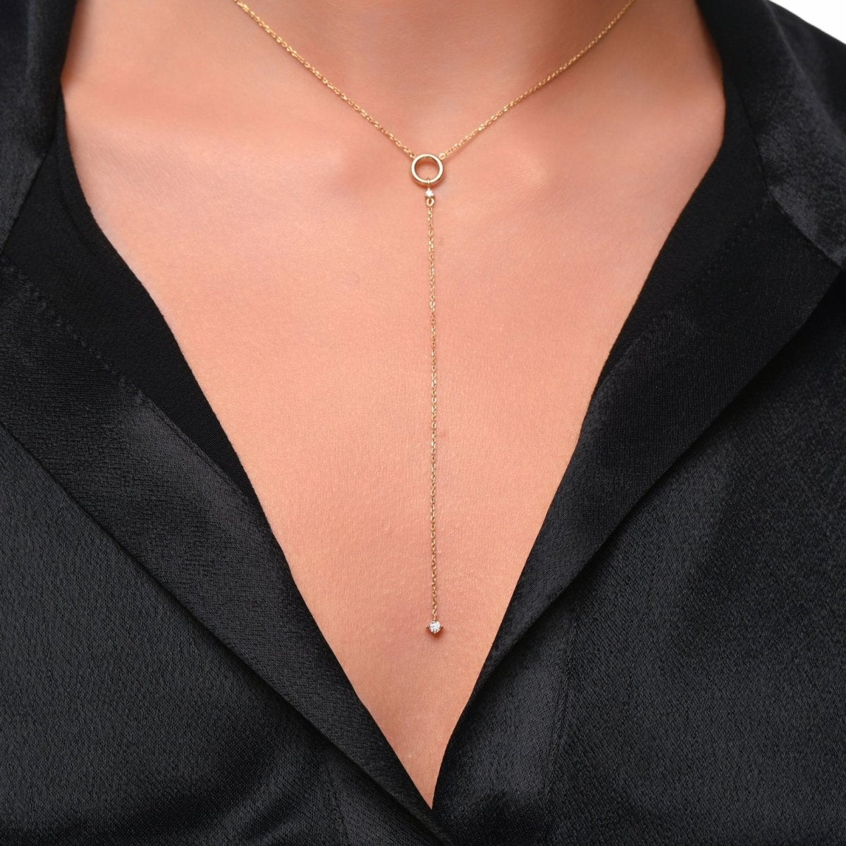 Circle Lariat Y Necklace with Diamonds - Narcissus