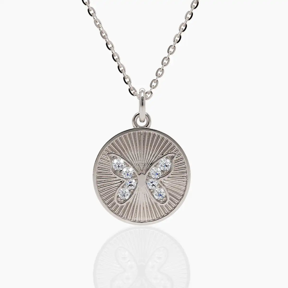 14k white gold Butterfly Coin Pendant Necklace with tiny shimmering diamonds, symbolizing transformation and grace.