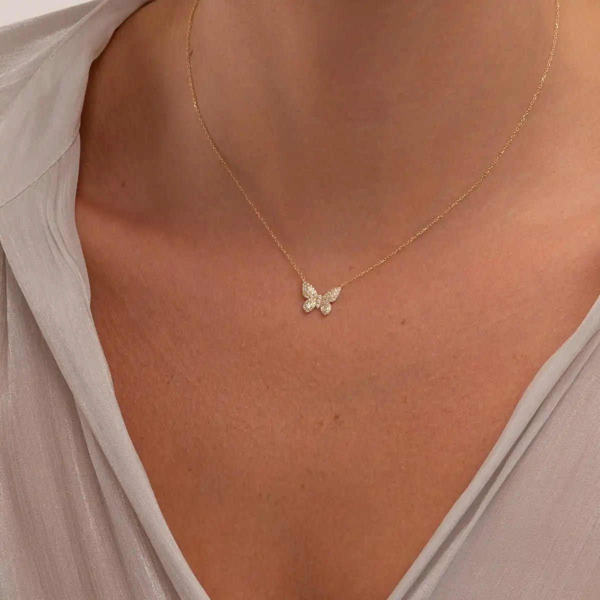 Dainty Diamond Butterfly Necklace in 14k Yellow Gold