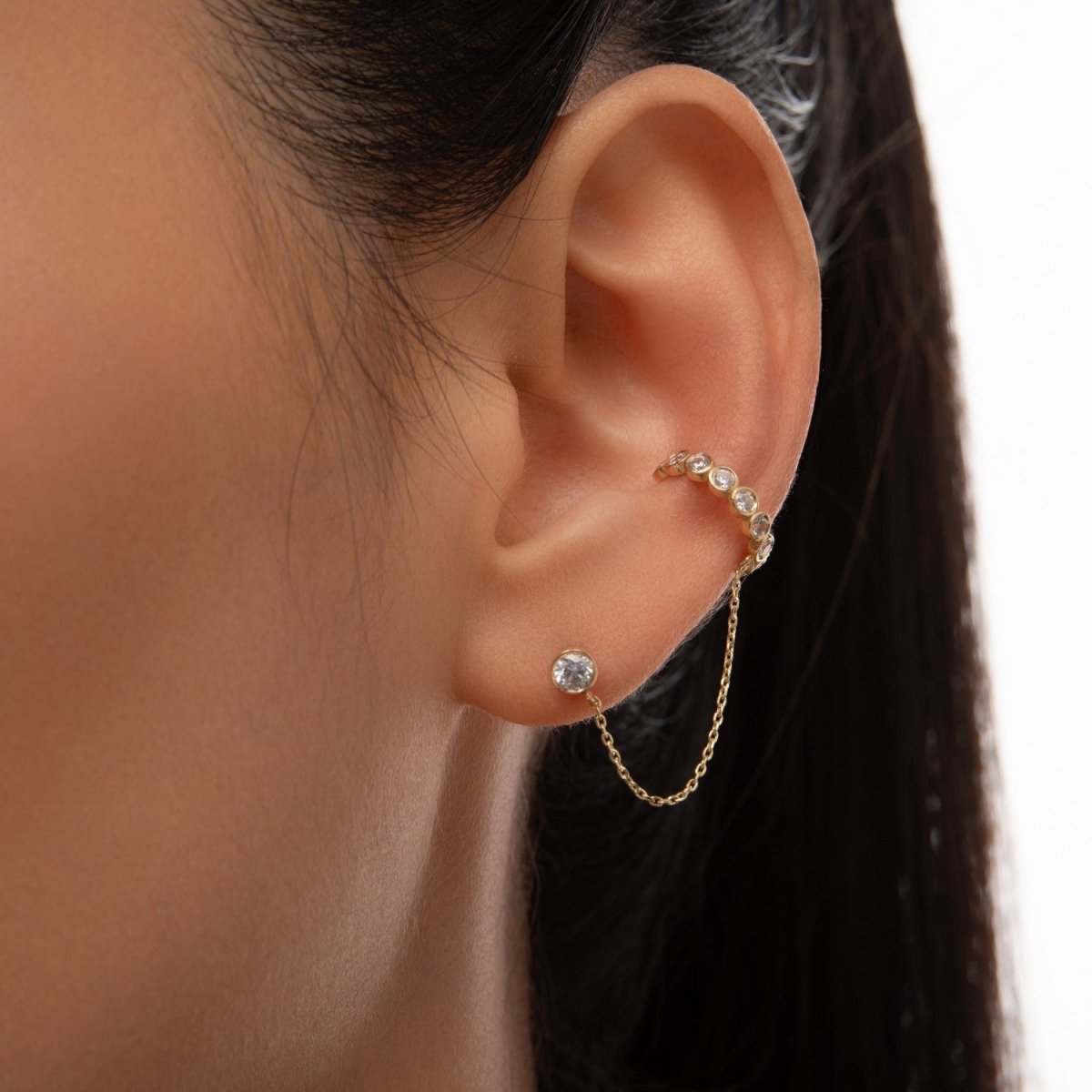 Diamond Ear Cuff With Chain in White Gold - Narcissus