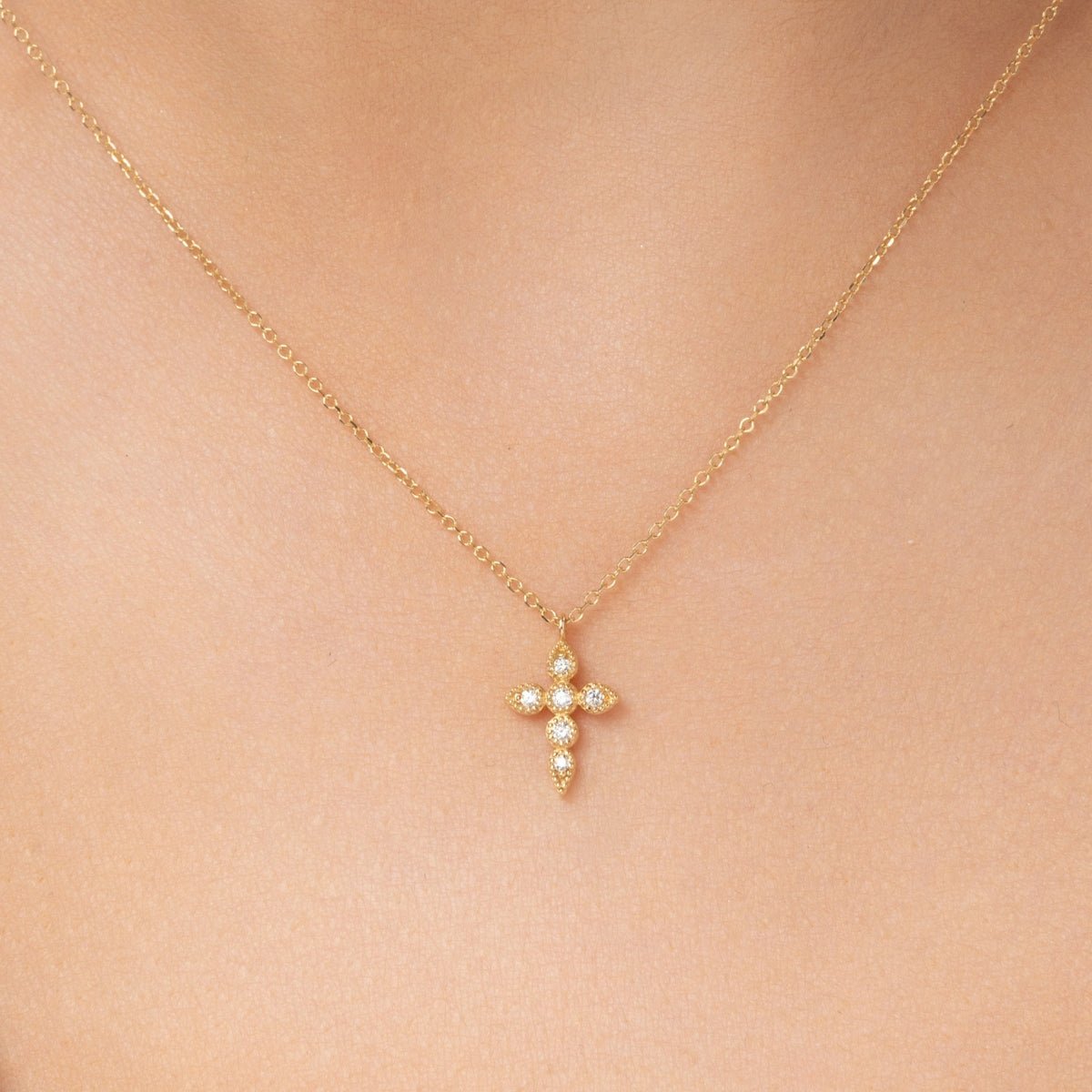 Milgrain Diamond Cross Necklace in White Gold - Narcissus