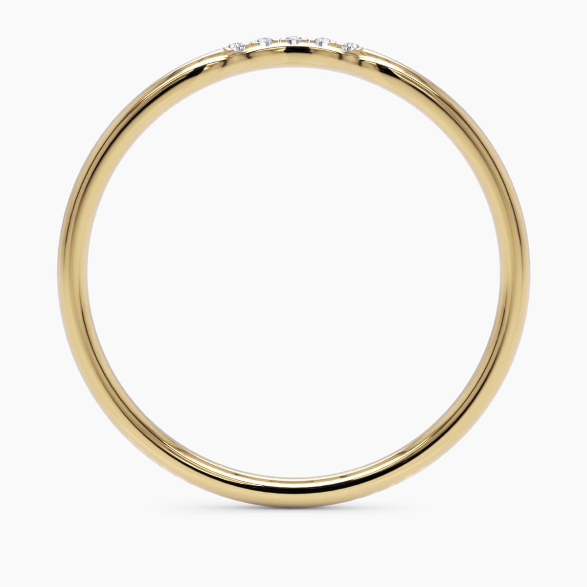 side profile of the curved diamond ring in yellow gold, emphasizing its slim band and gently contoured design