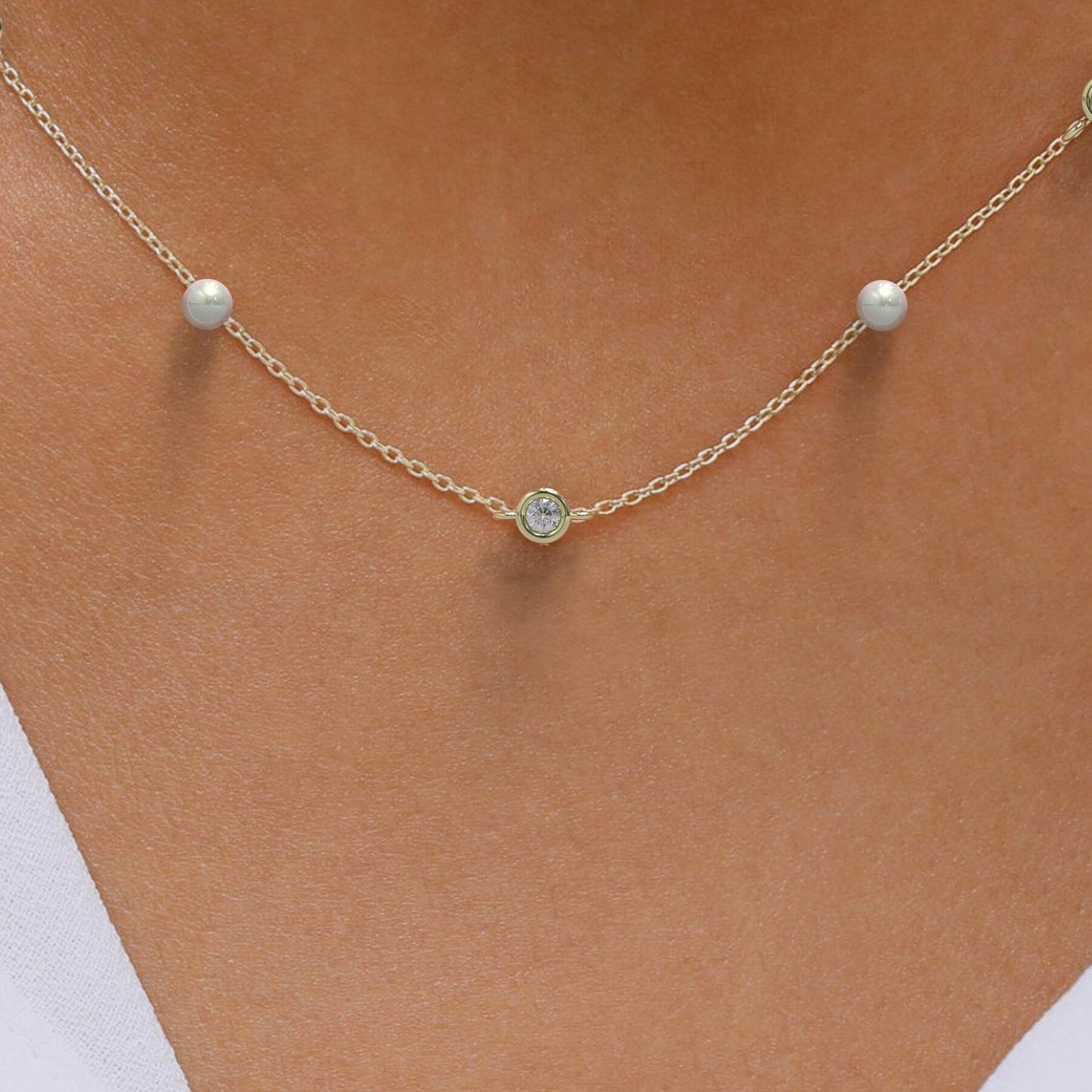 Diamond Pearl Necklace / 14k Gold Diamond Necklace / Dainty Diamond Necklace / Christmas Sale / Floating Diamond, Birthday Gift
