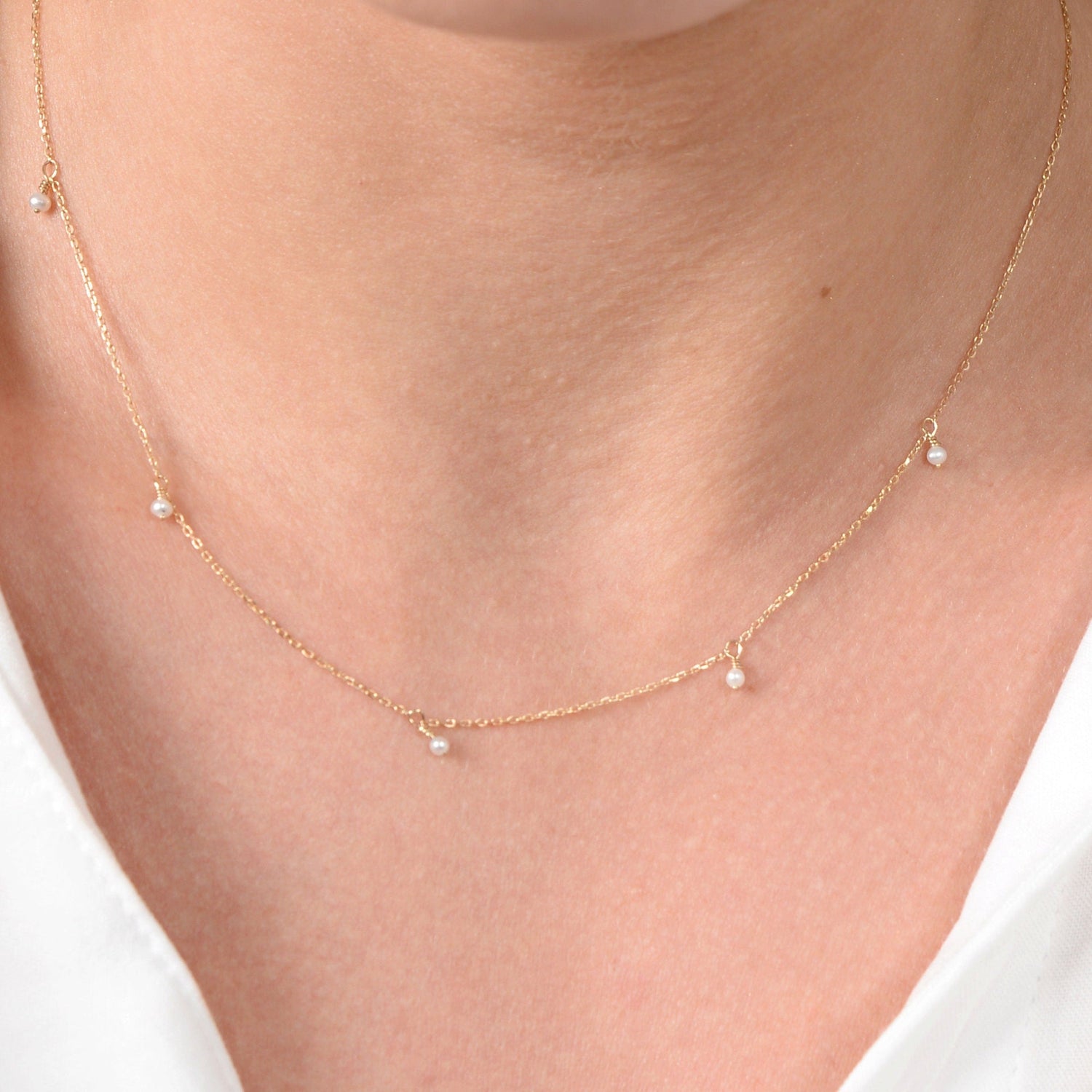 Tiny Hanging Pearls Necklace / Dainty Pearl Solid Gold Necklace / Minimalist 14k Solid Gold Necklace / Unique Christmas Sale for her