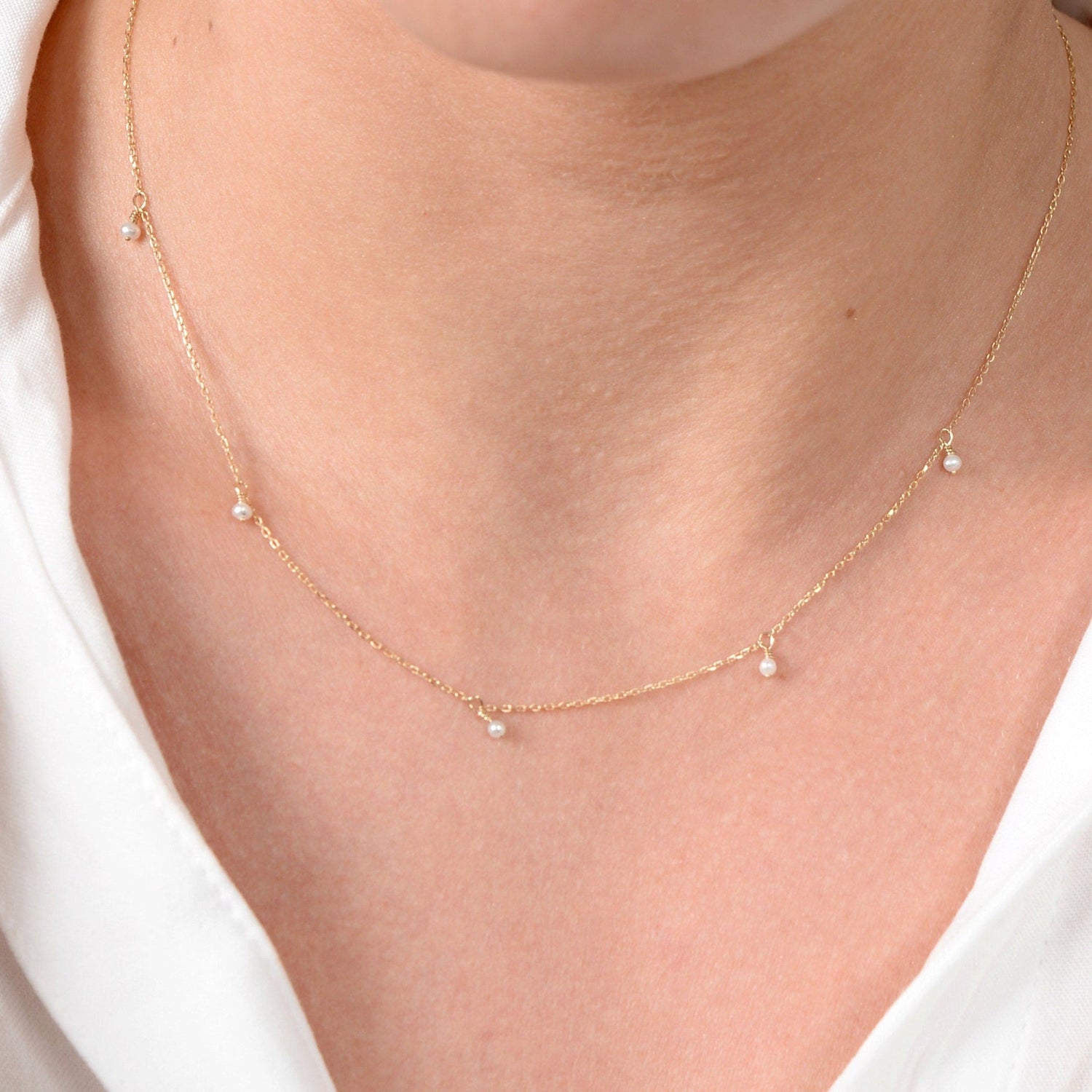 Tiny Hanging Pearls Necklace / Dainty Pearl Solid Gold Necklace / Minimalist 14k Solid Gold Necklace / Unique Christmas Sale for her