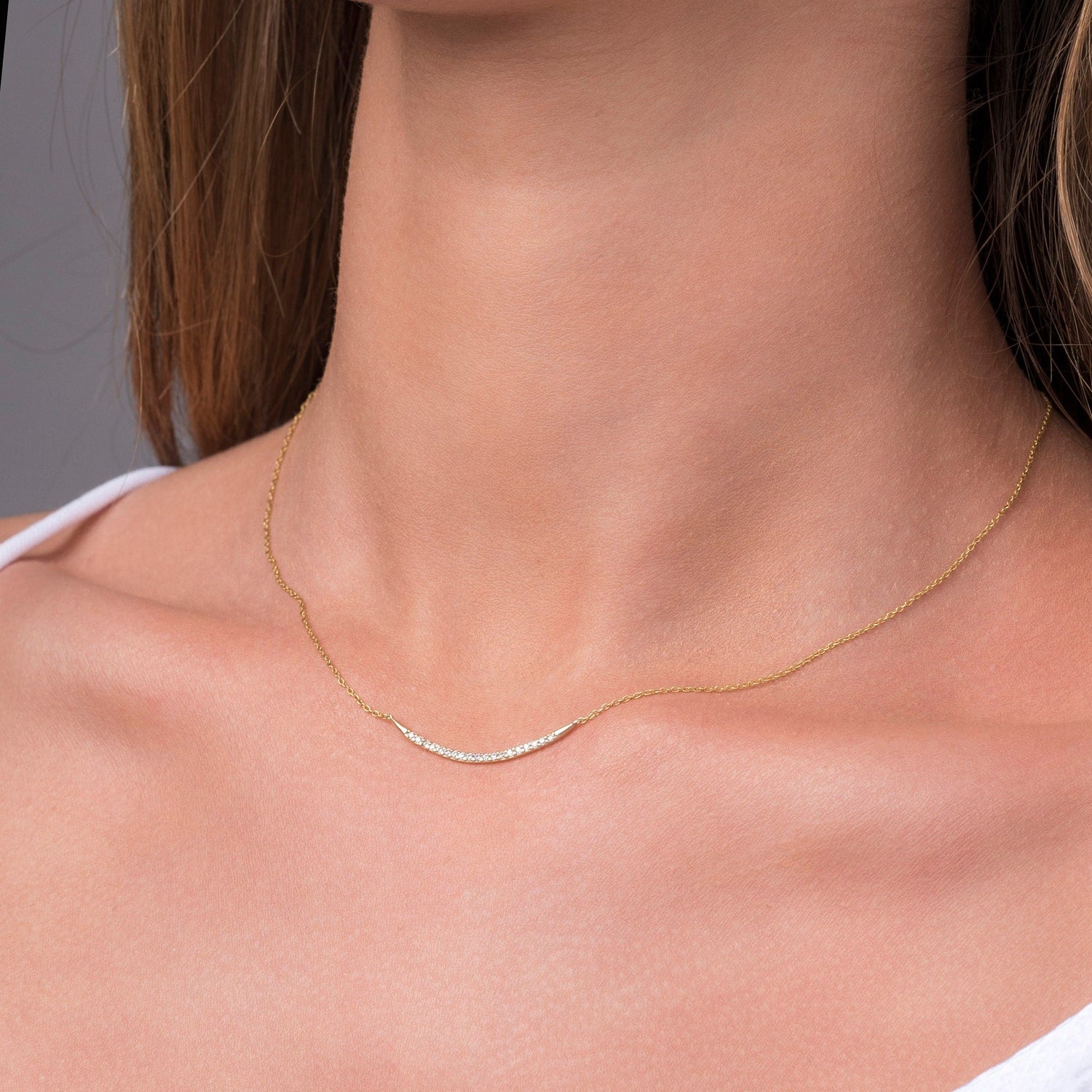 Bar Diamond Necklace / 14K Solid Gold Curved Bar Diamond Necklace 0.18ct / Pave Diamond Bar Necklace /  Cyber Monday Sale / Holiday Sale