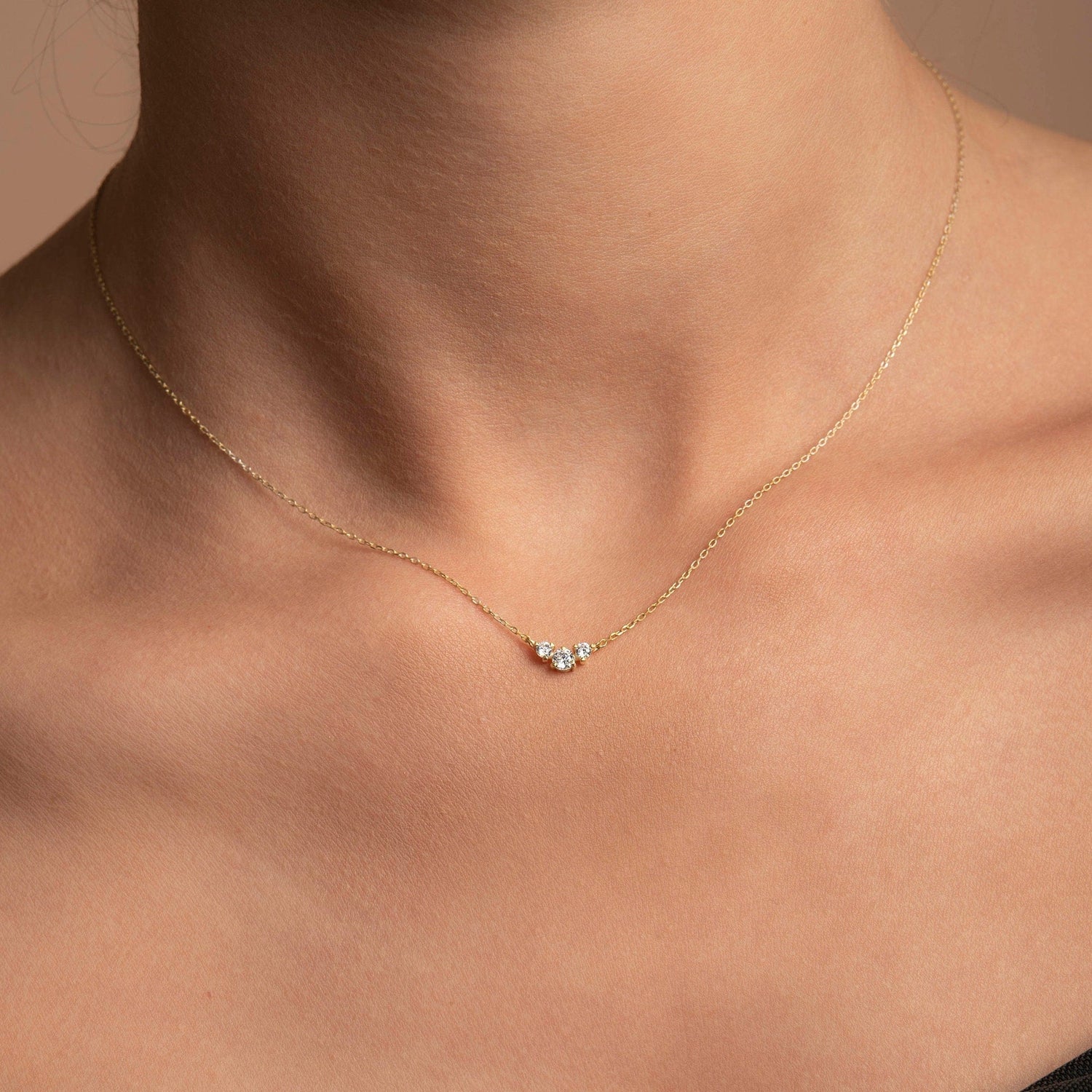 Three Diamond Necklace \ 14k Gold Trio Diamond Necklace 0.16ct \ Dainty Diamond Necklace \ Delicate Necklace for Women \ Christmas Sale