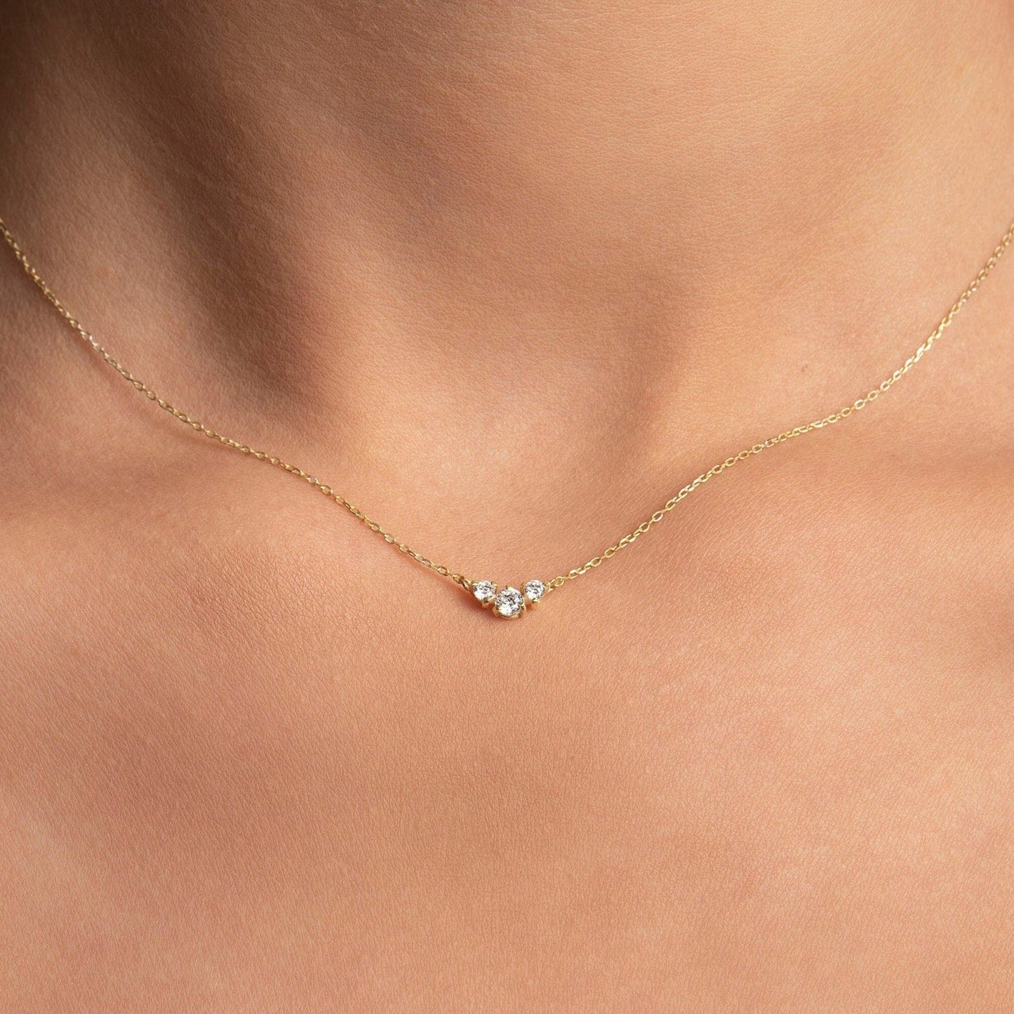 Three Diamond Necklace \ 14k Gold Trio Diamond Necklace 0.16ct \ Dainty Diamond Necklace \ Delicate Necklace for Women \ Christmas Sale