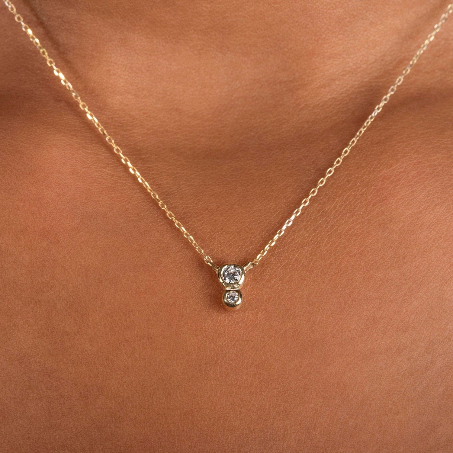 14k Gold Bezel Diamond Necklace, Solitaire Necklace with two Diamonds, Dainty Diamond Necklace, Unique Design wear it all-day every day