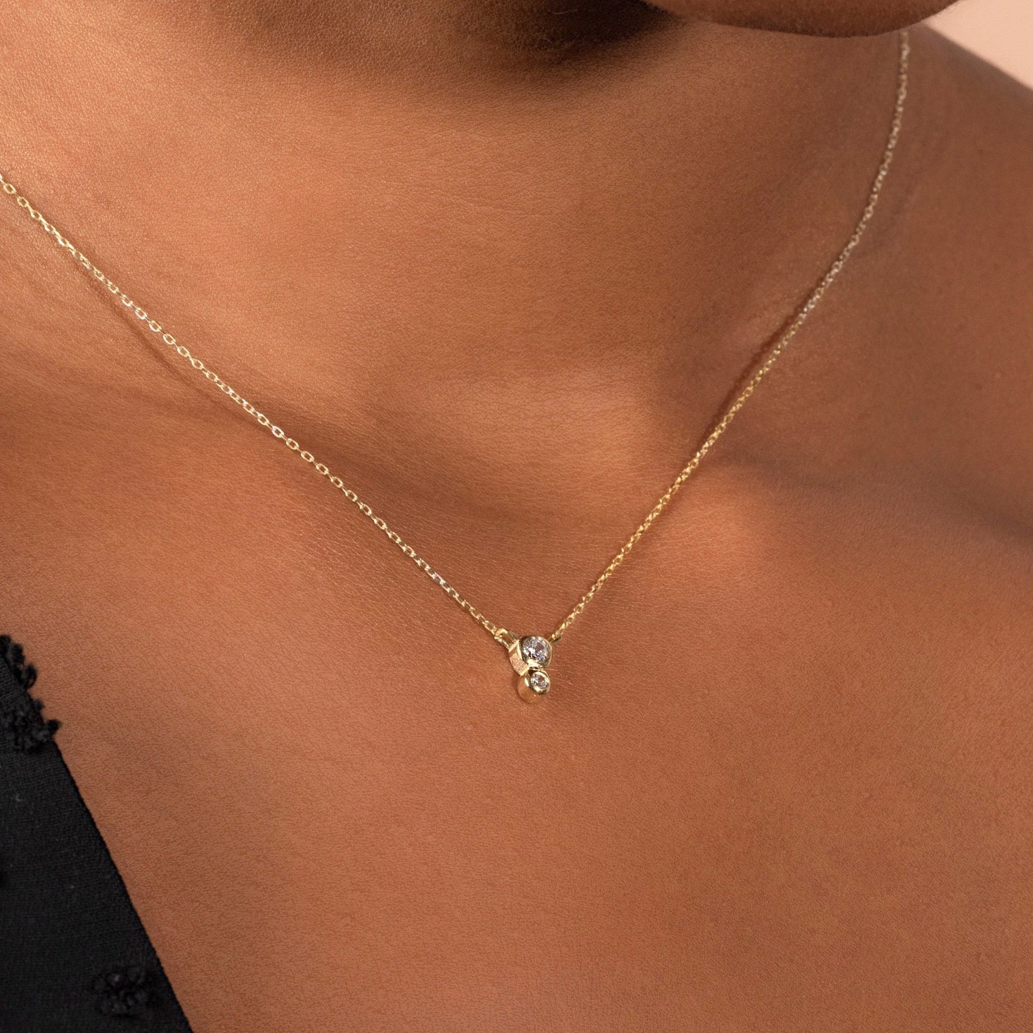 14k Gold Bezel Diamond Necklace, Solitaire Necklace with two Diamonds, Dainty Diamond Necklace, Unique Design wear it all-day every day