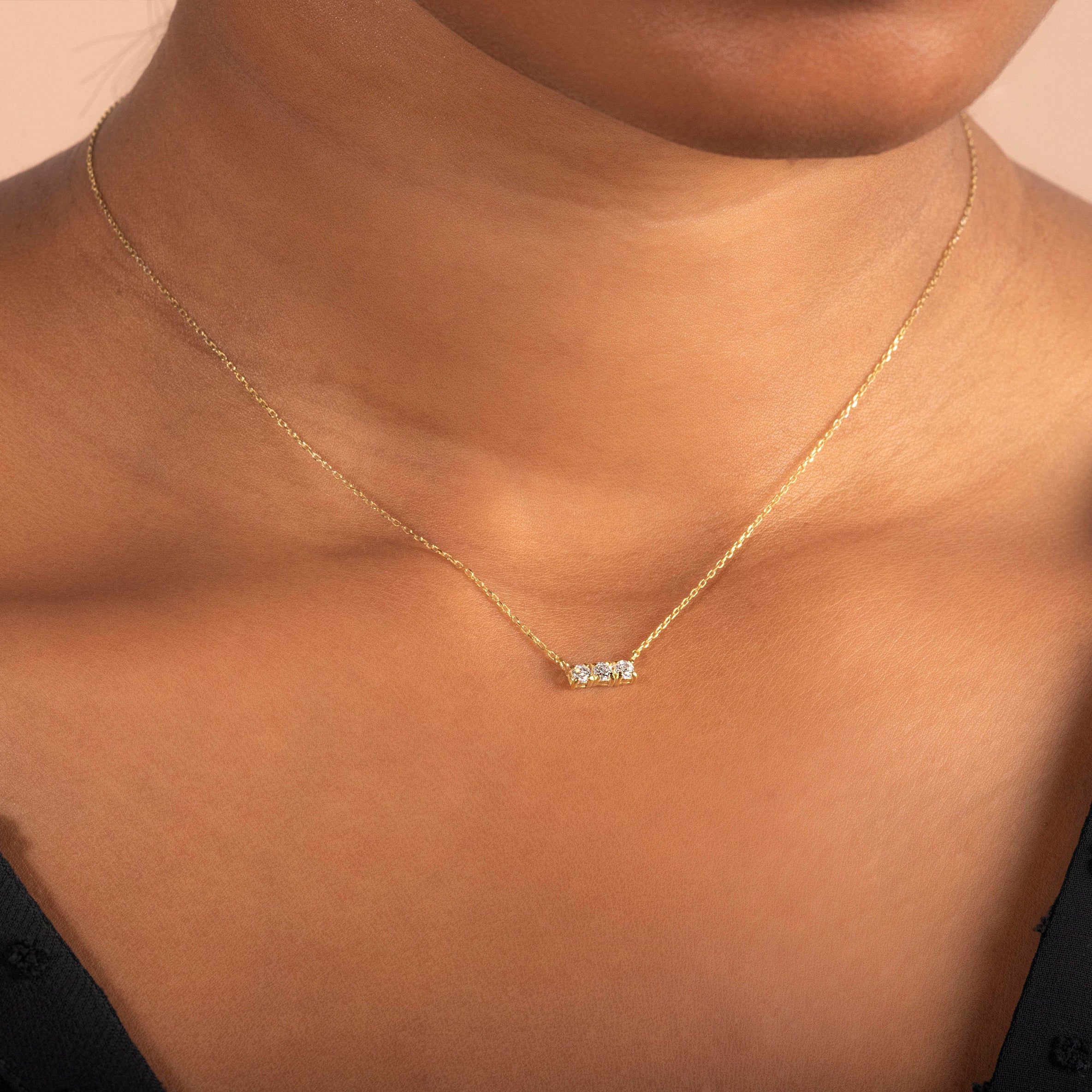 Classic Trio Diamond Necklace / 14k Gold Diamond Necklace 0.18 Ctw / 14K Solid Gold Trio Stone Diamond Necklace / Mothers Day Sale