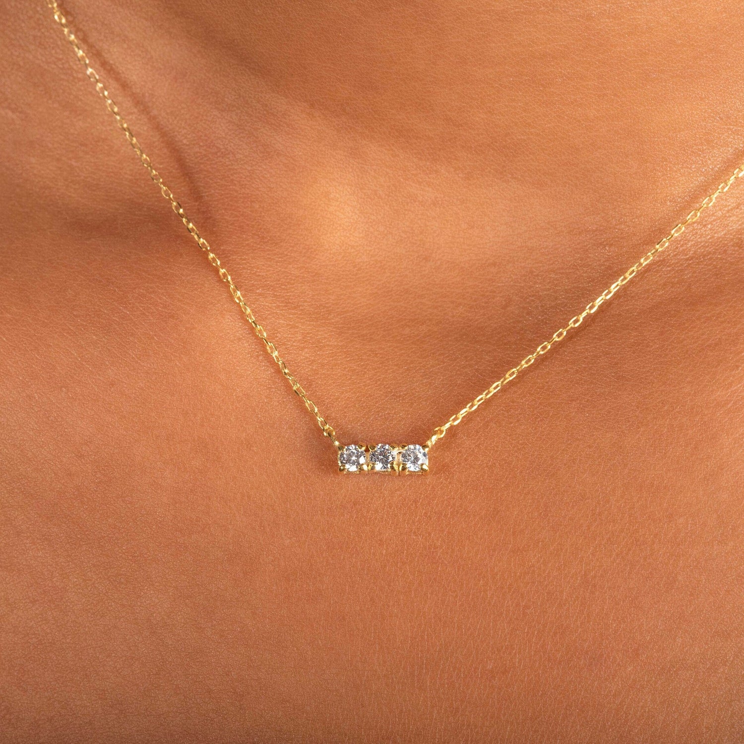 Classic Trio Diamond Necklace / 14k Gold Diamond Necklace 0.18 Ctw / 14K Solid Gold Trio Stone Diamond Necklace / Mothers Day Sale