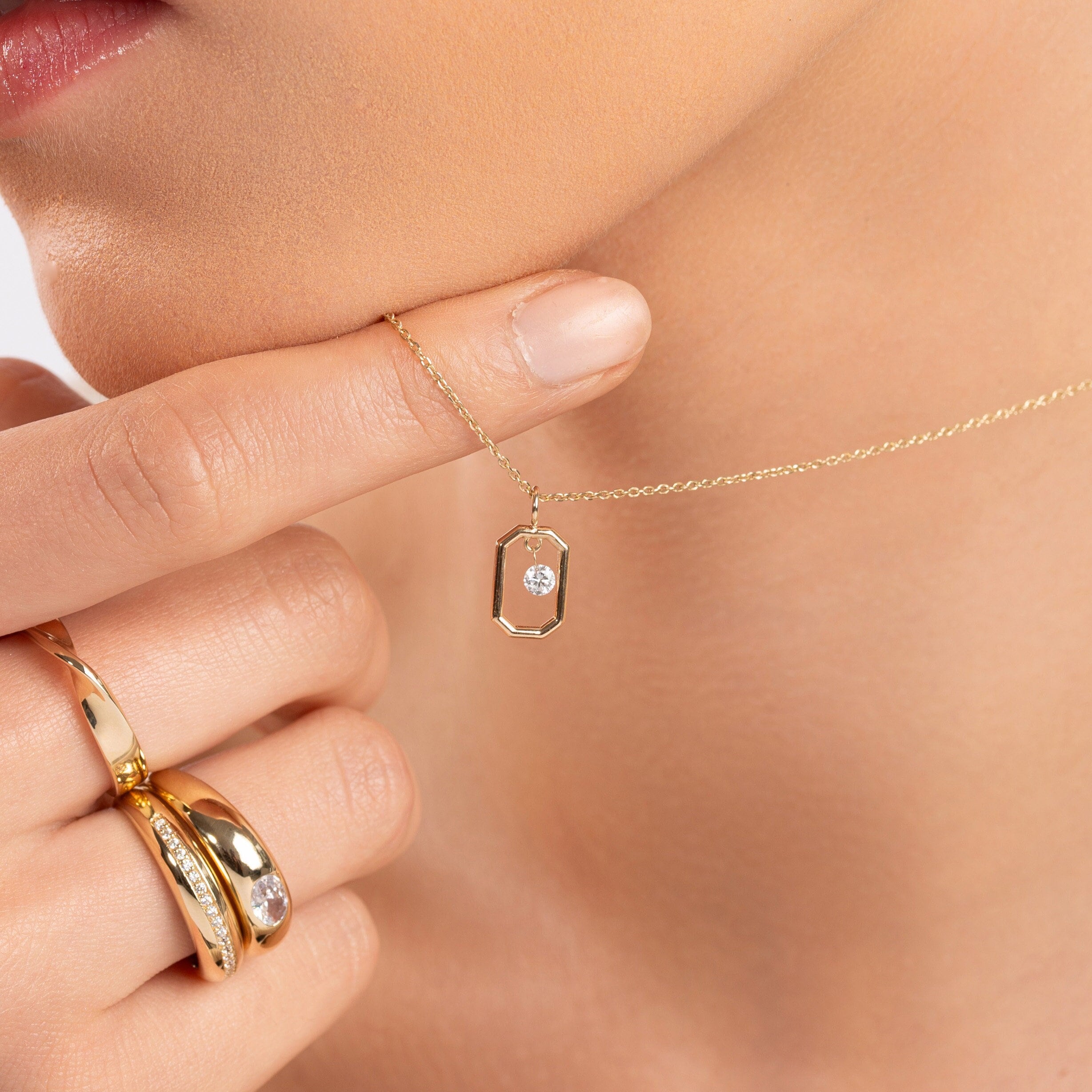 14k Diamond Pendant Necklace | 14k Solid Gold Diamond Necklace | Minimalist Dainty Drilled Diamond Pendant | Unique Gold Necklace for her